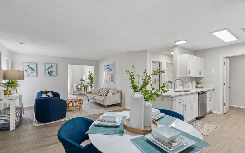 Bright and airy living room and kitchen areas